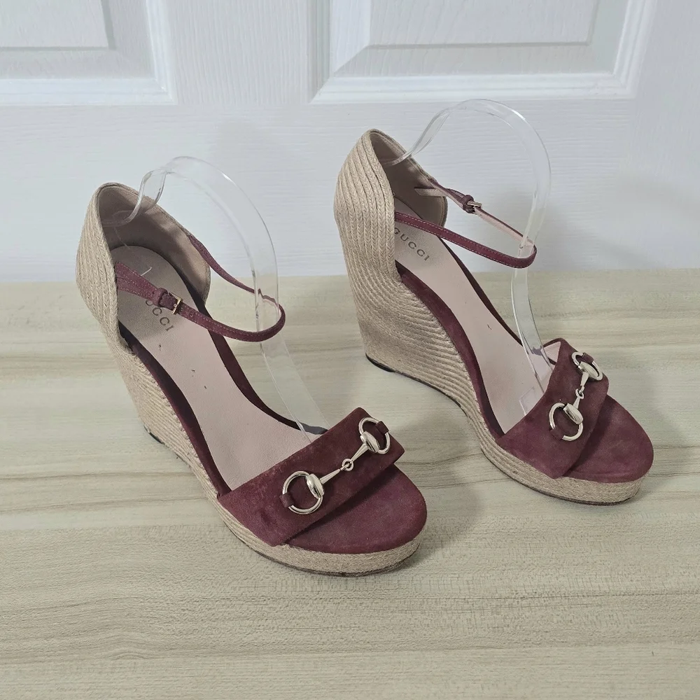 Gucci Horsebit Suede Wedge Espadrille Sandals In Dry Rose Size EU40/US9.5 - Picture 9 of 15
